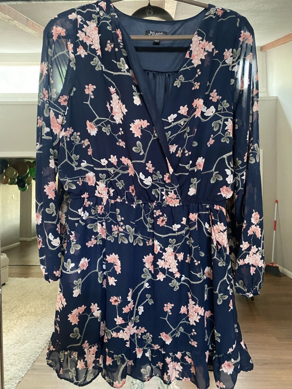 J for Justify Navy Floral Wrap-Front Long Sleeve Chiffon Dress